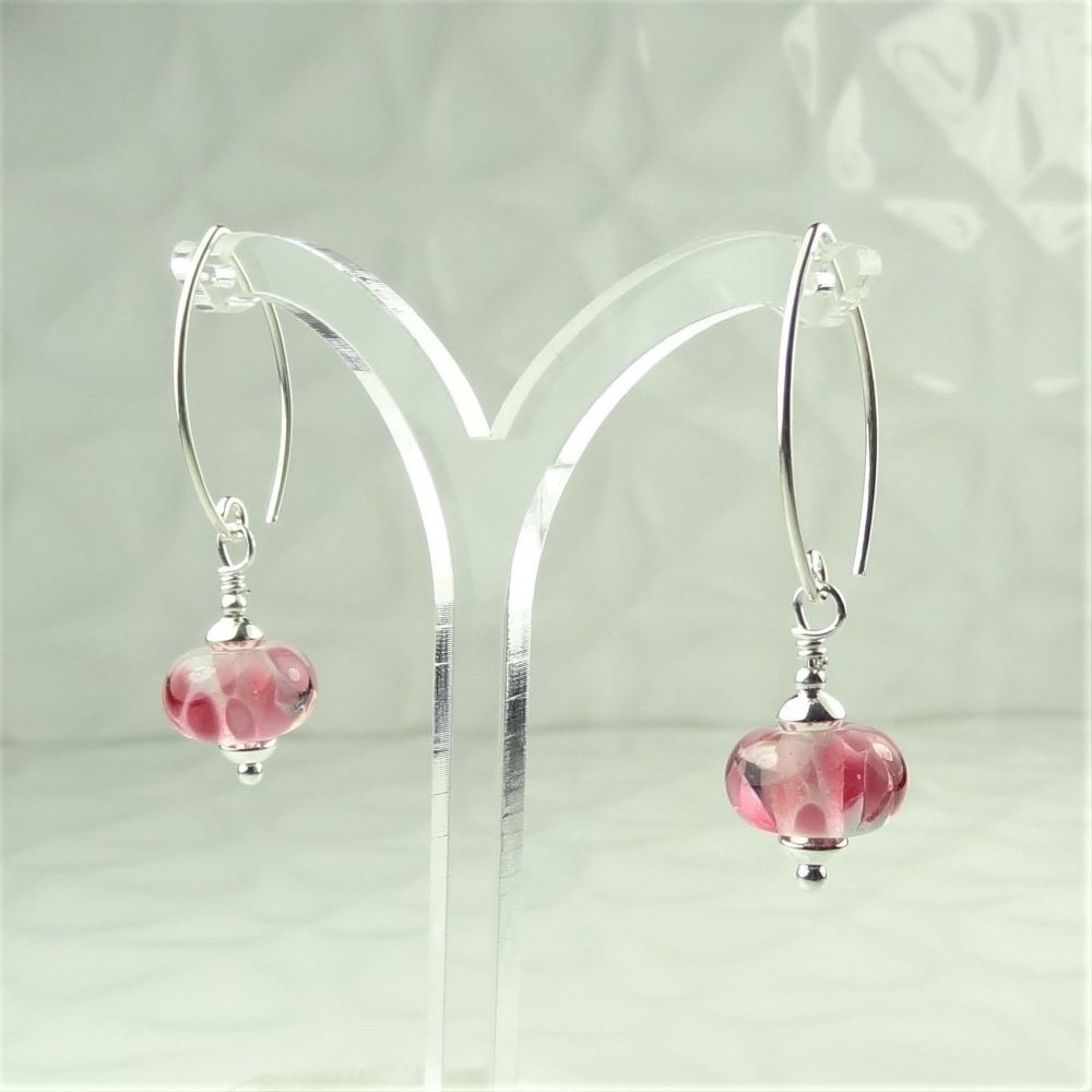 Pink handcrafted artisan lampwork glass & sterling silver drop earrings on 'V' wires ~ UK made ~ length 41mm