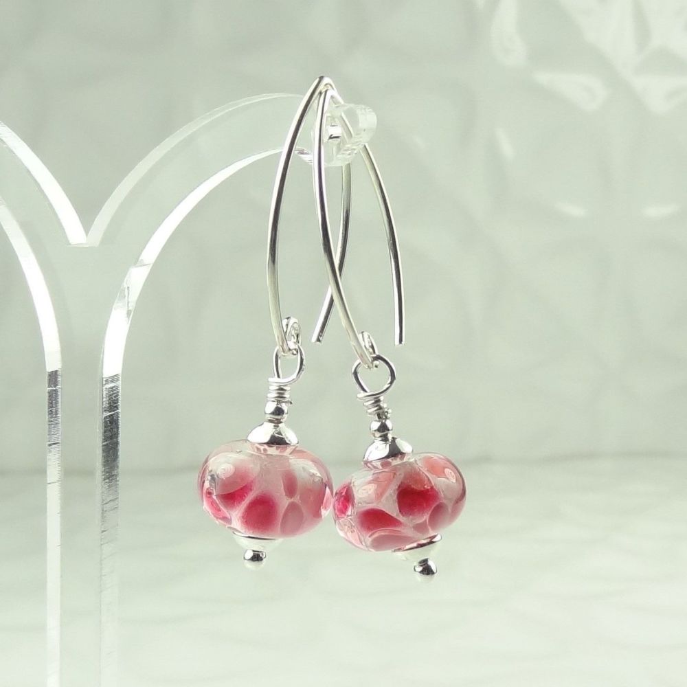 Pink handcrafted artisan lampwork glass & sterling silver drop earrings on 'V' wires ~ UK made ~ length 41mm