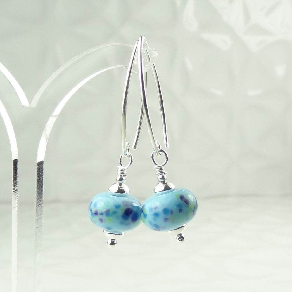 Blue purple green handcrafted artisan lampwork glass & sterling silver drop earrings on 'V' wires ~ UK made ~ length 41mm