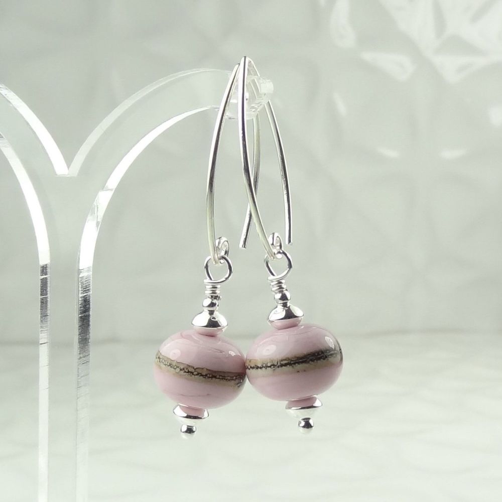 Soft pink with silvered ivory stringer handcrafted artisan lampwork glass & sterling silver earrings on 'V' wires ~ UK made ~ length 45mm