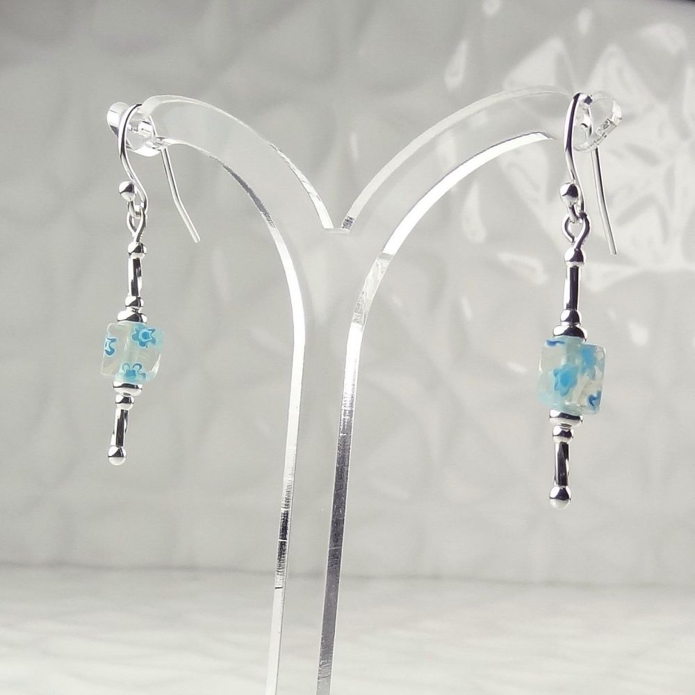 Millefiori-style glass cube & sterling silver drop earrings, in a gift box - glass bead 6mm (+/-) - pale blue