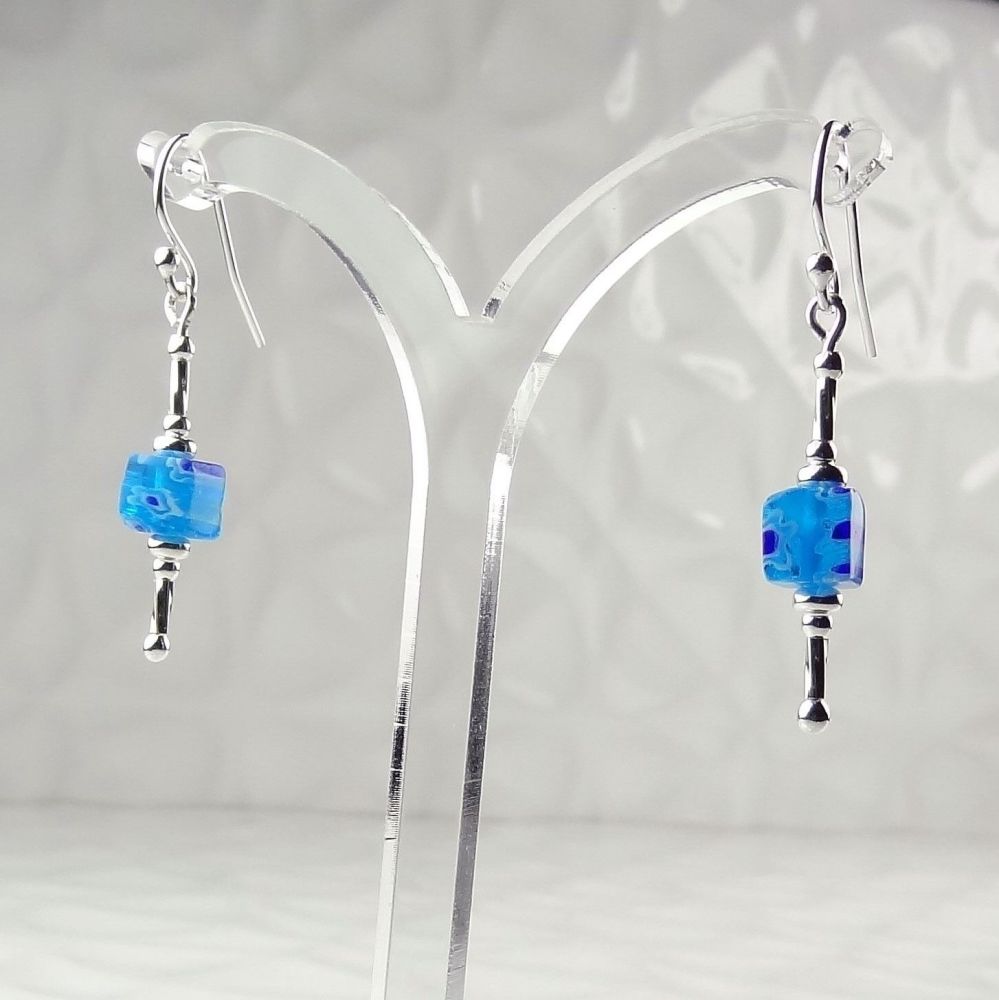 Millefiori-style glass cube & sterling silver drop earrings, in a gift box - glass bead 6mm (+/-) - sky blue