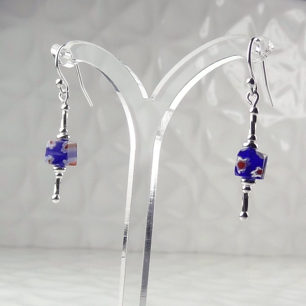 Millefiori-style glass cube & sterling silver drop earrings, in a gift box - glass bead 6mm (+/-) - dark blue & red