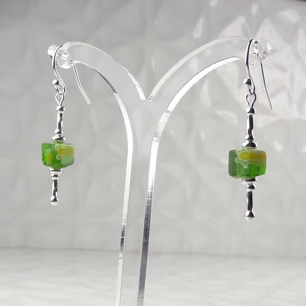 Millefiori-style glass cube & sterling silver drop earrings, in a gift box - glass bead 6mm (+/-) - green & yellow