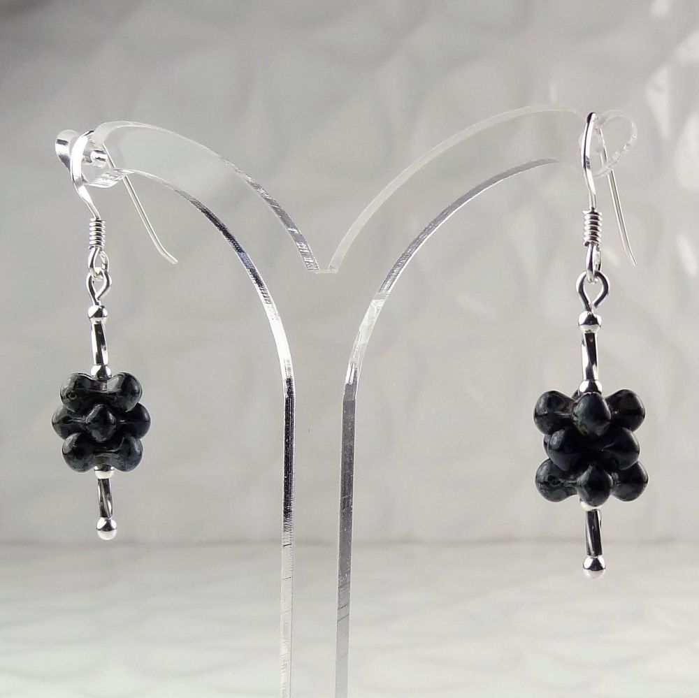 Picasso Green Czech glass flat flowers & sterling silver, double twist, drop/dangle earrings in a gift box