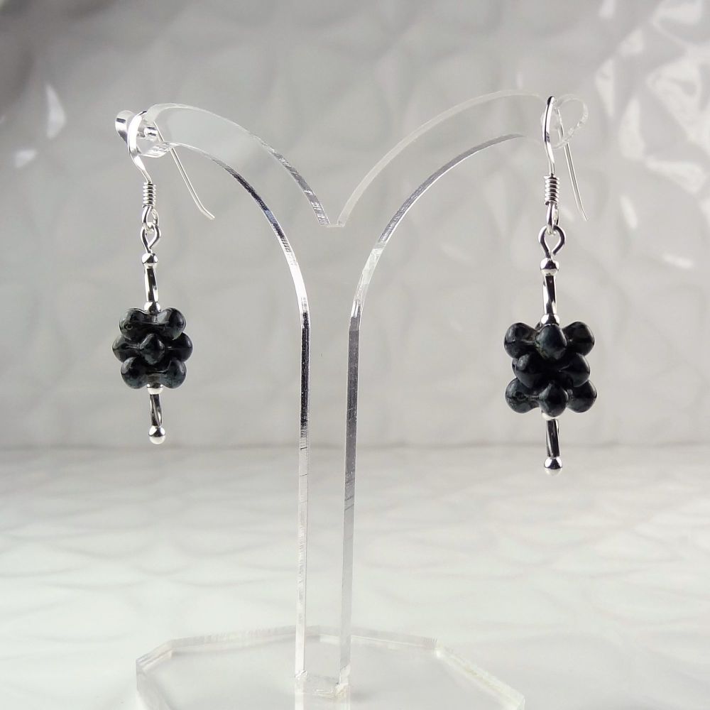 Picasso Green Czech glass flat flowers & sterling silver, double twist, drop/dangle earrings in a gift box