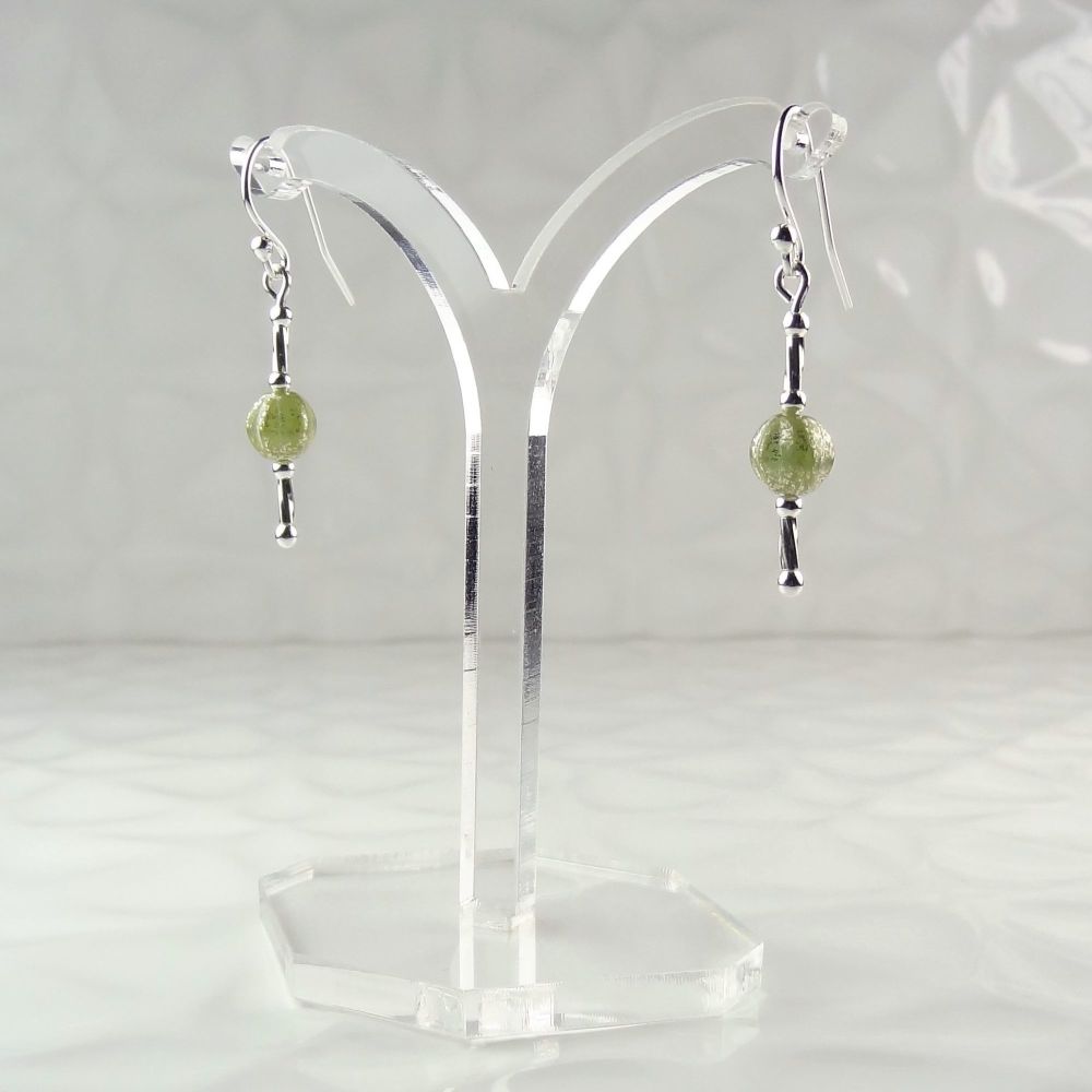 6mm melon shaped, Czech glass & sterling silver, double twist, drop earrings in a gift box (light green silver)