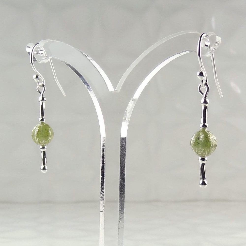 6mm melon shaped, Czech glass & sterling silver, double twist, drop earrings in a gift box (light green silver)