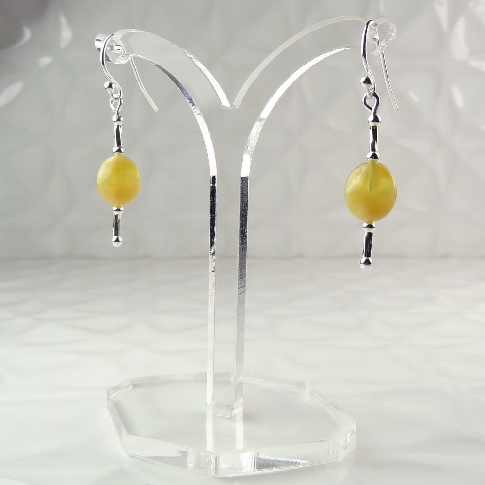 Sterling silver & 9x8mm dark yellow ochre oval Czech glass drop/dangle earrings, in a gift box