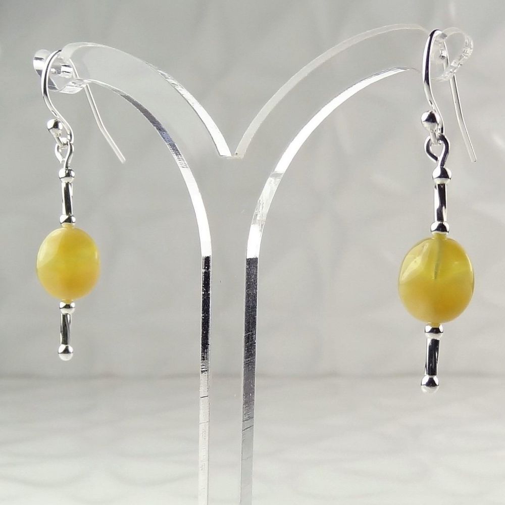 Sterling silver & 9x8mm dark yellow ochre oval Czech glass drop/dangle earrings, in a gift box