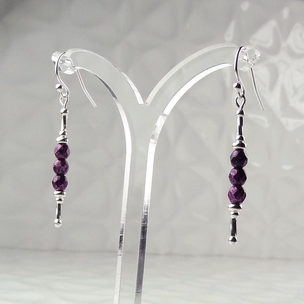 Dark metal purple 4mm fire polished Czech glass & sterling silver, double twist, drop earrings in a gift box
