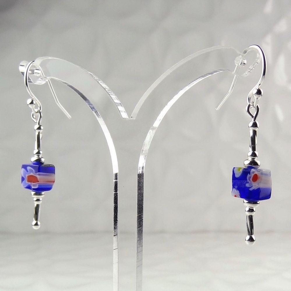 Millefiori-style glass cube & sterling silver drop earrings, in a gift box - glass bead 6mm (+/-) - dark blue, red, white (B#8)