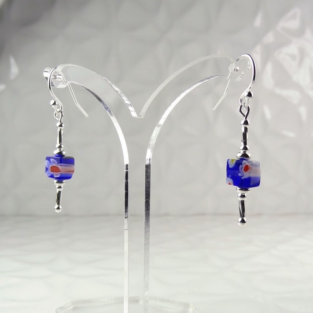 Millefiori-style glass cube & sterling silver drop earrings, in a gift box - glass bead 6mm (+/-) - dark blue, red, white (B#8)