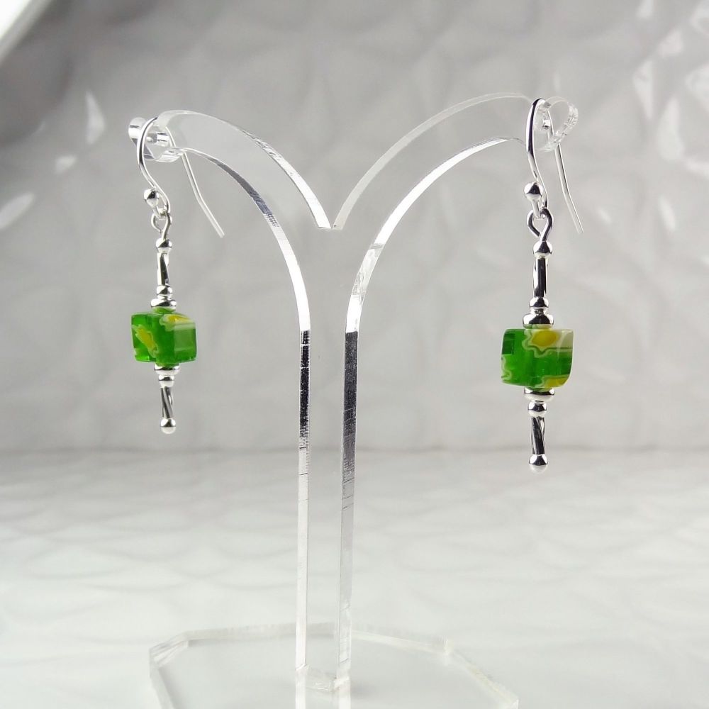 Millefiori-style glass cube & sterling silver drop earrings, in a gift box - glass bead 6mm (+/-) - green & yellow (GY#1)