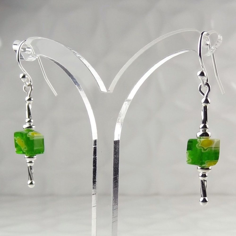 Millefiori-style glass cube & sterling silver drop earrings, in a gift box - glass bead 6mm (+/-) - green & yellow (GY#1)
