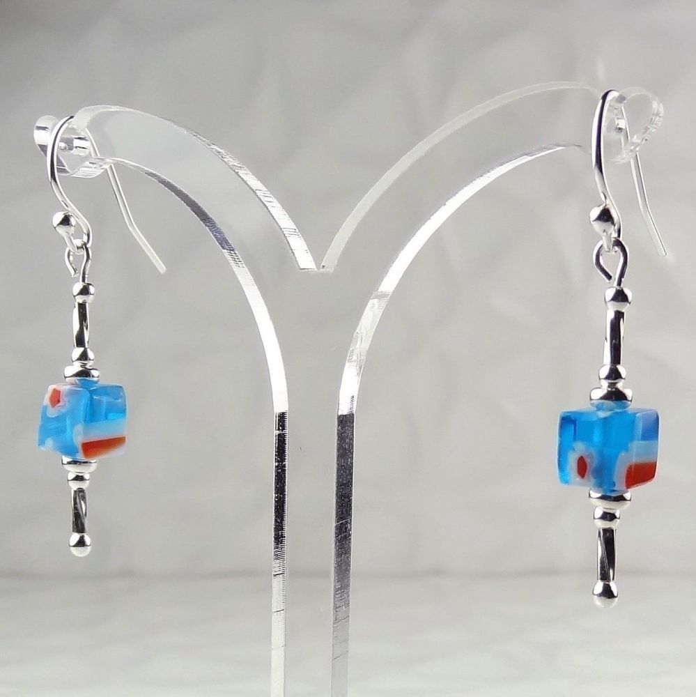 Millefiori-style glass cube & sterling silver drop earrings, in a gift box - glass bead 6mm (+/-) - sky blue, red, white (B#3)