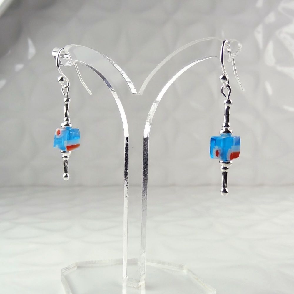 Millefiori-style glass cube & sterling silver drop earrings, in a gift box - glass bead 6mm (+/-) - sky blue, red, white (B#3)