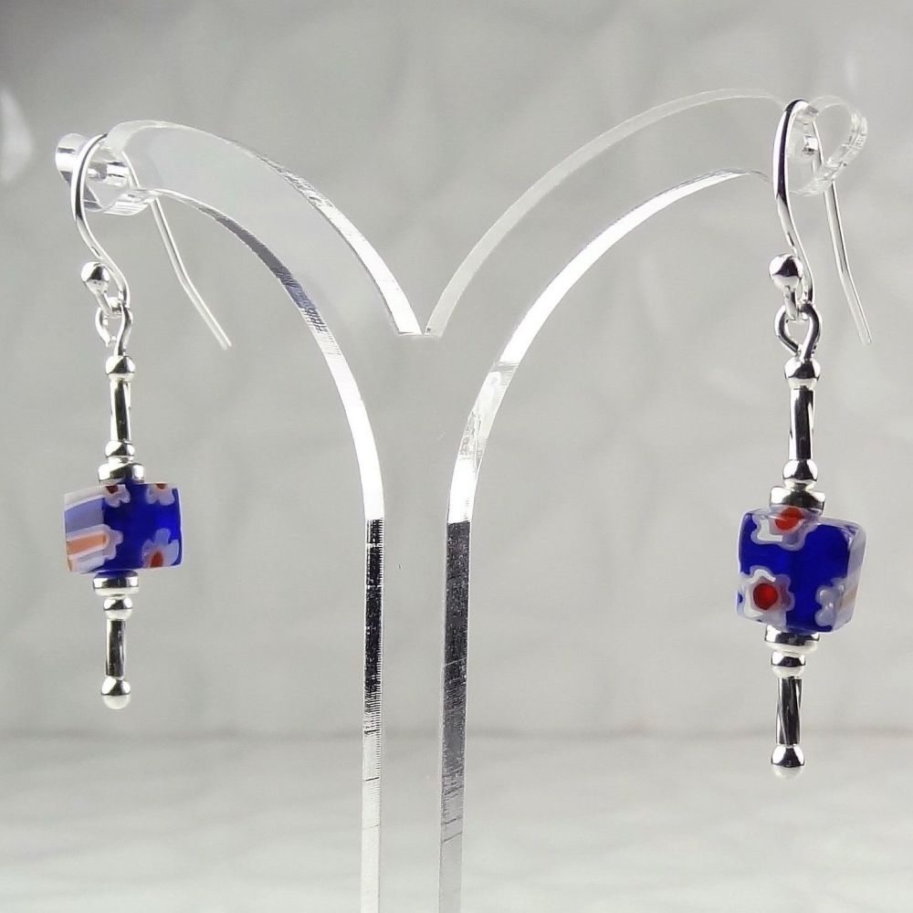 Millefiori-style glass cube & sterling silver drop earrings, in a gift box - glass bead 6mm (+/-) - dark blue, red, white (B#9)
