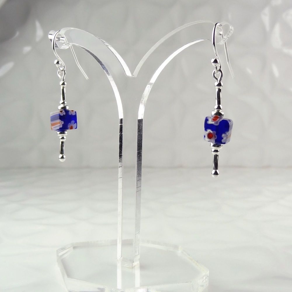 Millefiori-style glass cube & sterling silver drop earrings, in a gift box - glass bead 6mm (+/-) - dark blue, red, white (B#9)