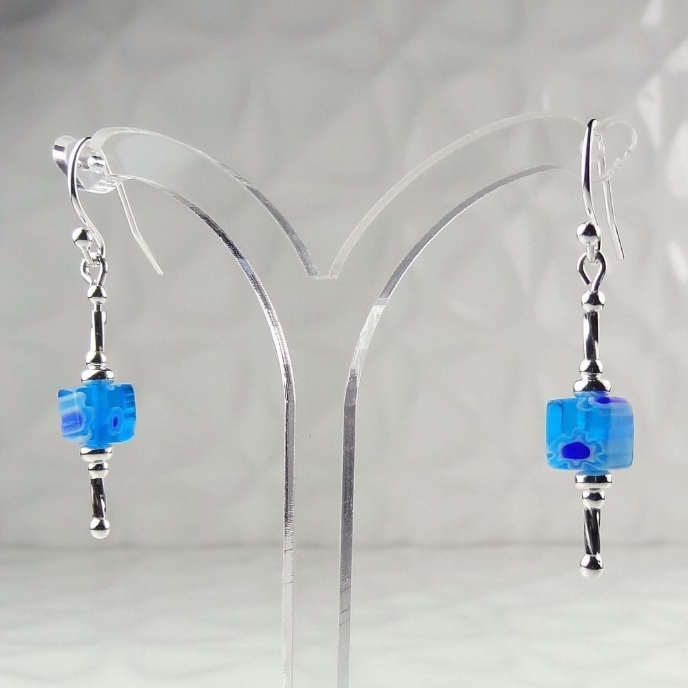 Millefiori-style glass cube & sterling silver drop earrings, in a gift box - glass bead 6mm (+/-) - sky blue (30156)