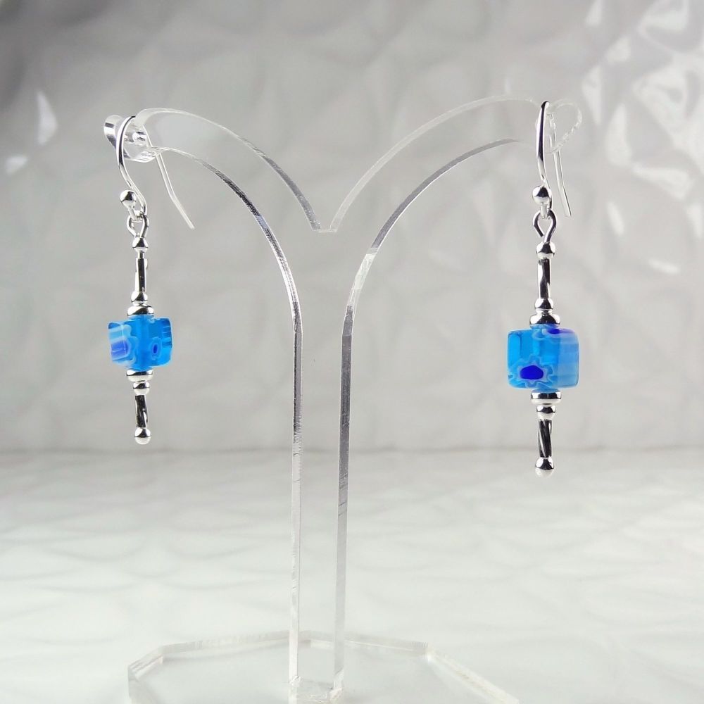 Millefiori-style glass cube & sterling silver drop earrings, in a gift box - glass bead 6mm (+/-) - sky blue (30156)