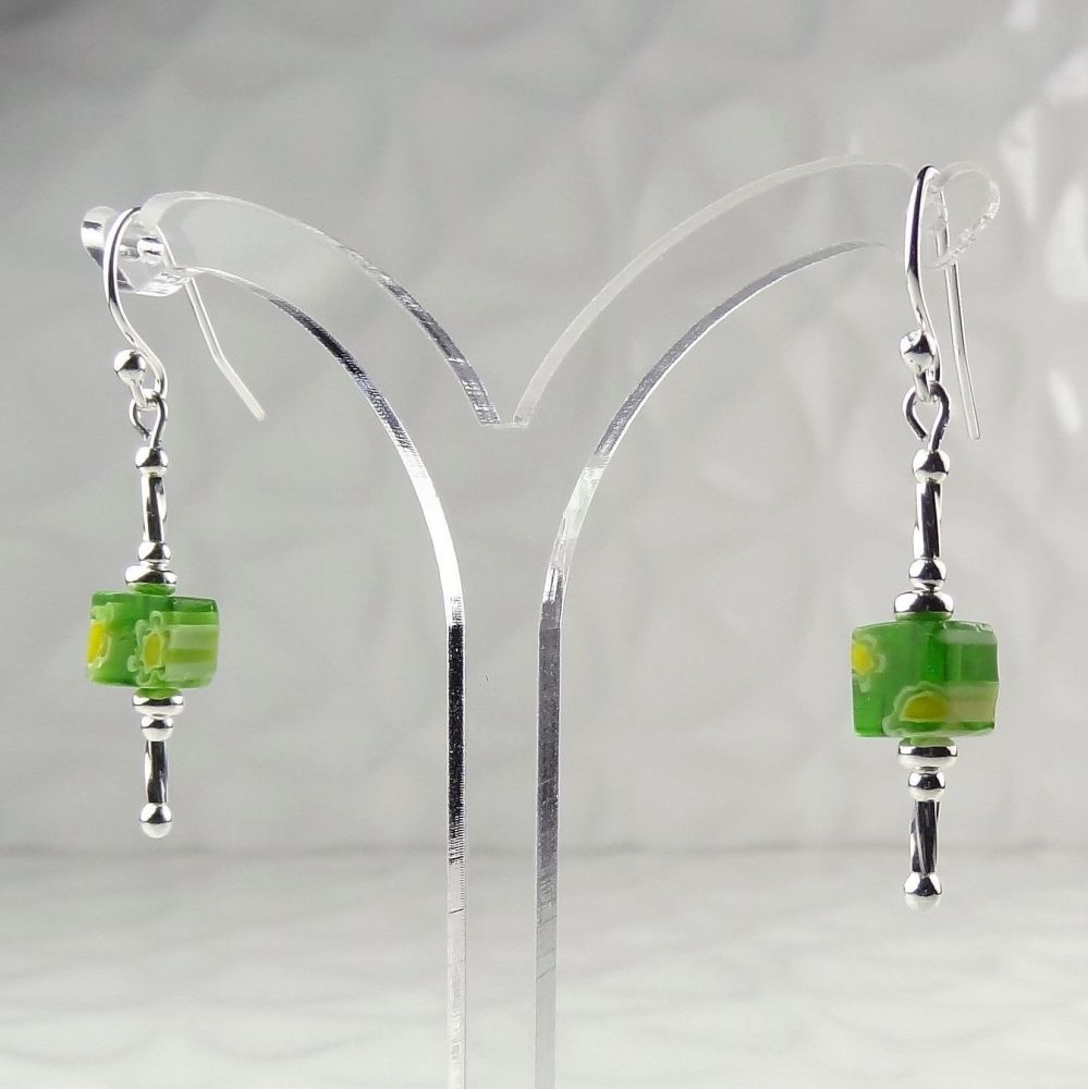 Millefiori-style glass cube & sterling silver drop earrings, in a gift box - glass bead 6mm (+/-) - green & yellow (30288)