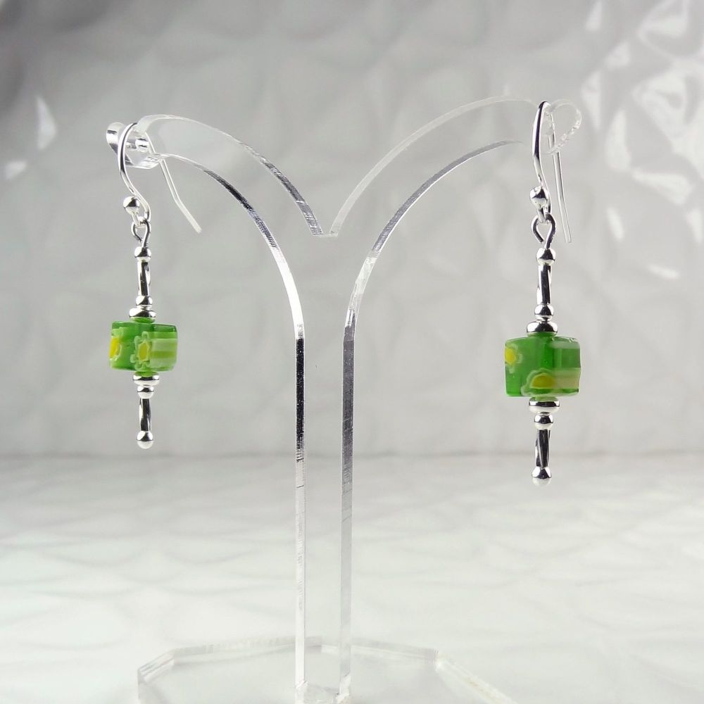 Millefiori-style glass cube & sterling silver drop earrings, in a gift box - glass bead 6mm (+/-) - green & yellow (30288)
