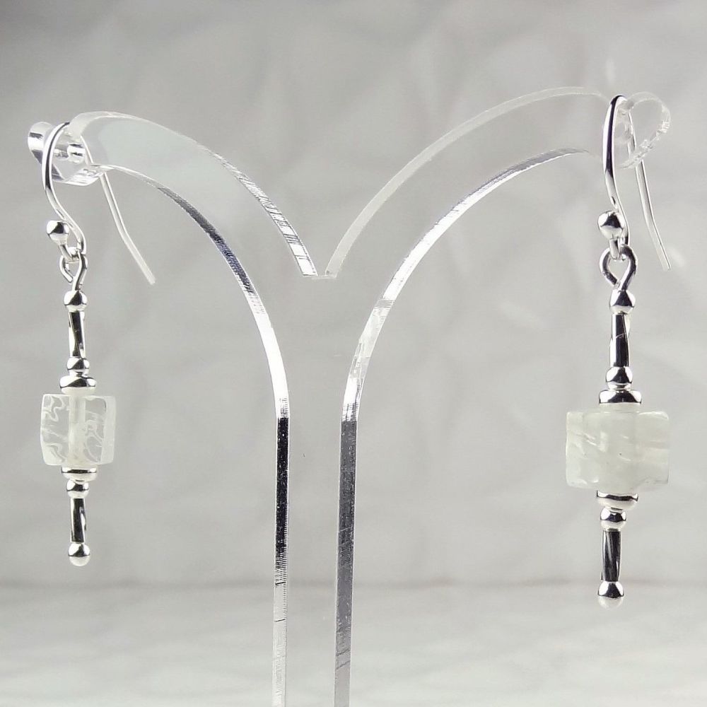 Millefiori-style glass cube & sterling silver drop earrings, in a gift box - glass bead 6mm (+/-) - white (W#8)