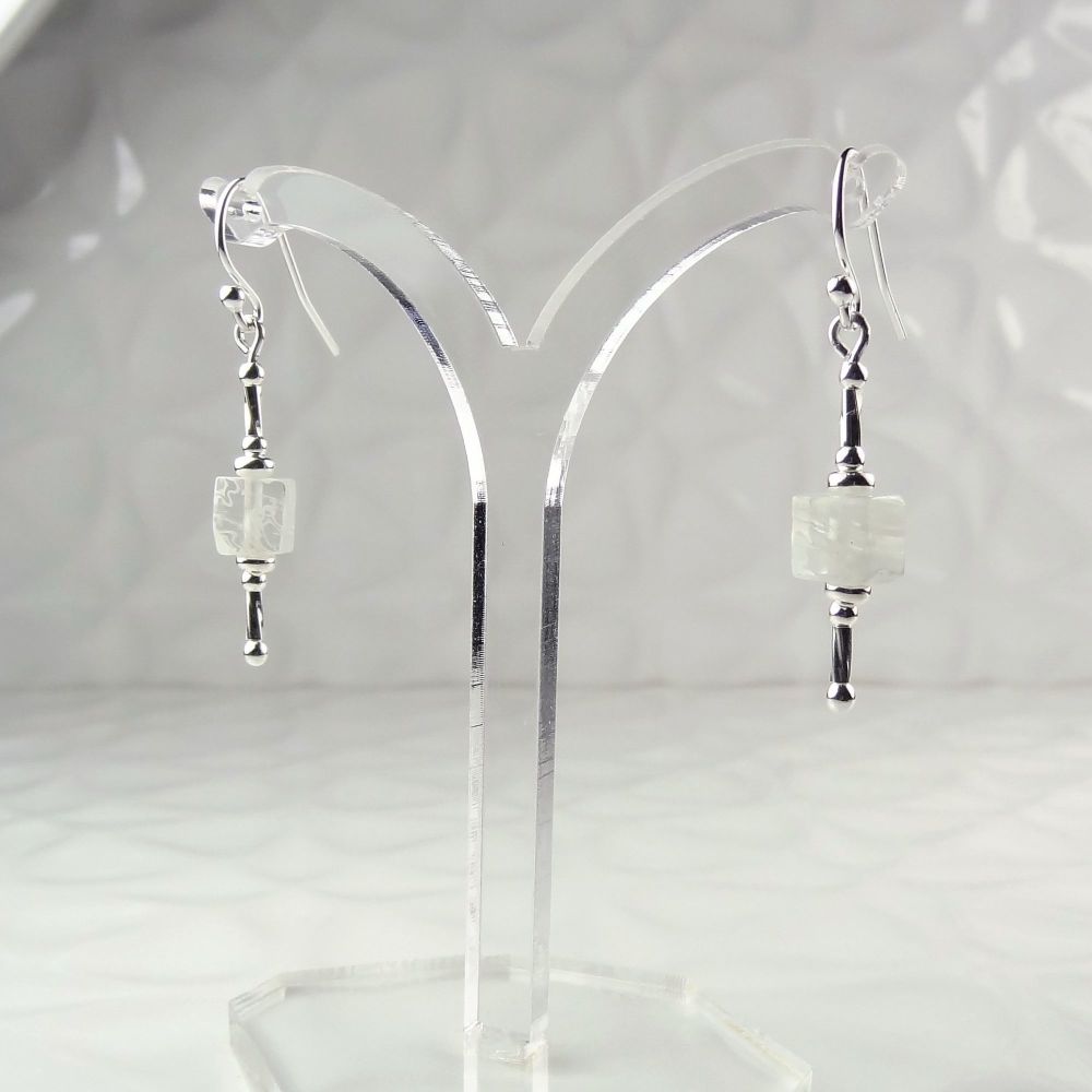 Millefiori-style glass cube & sterling silver drop earrings, in a gift box - glass bead 6mm (+/-) - white (W#8)