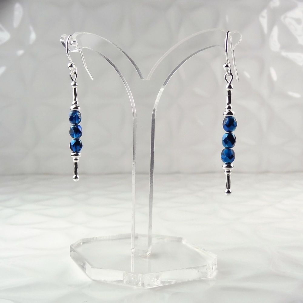 Blue 4mm fire polished Czech glass & sterling silver, double twist, drop earrings in a gift box (Metallic Ice Aqua)