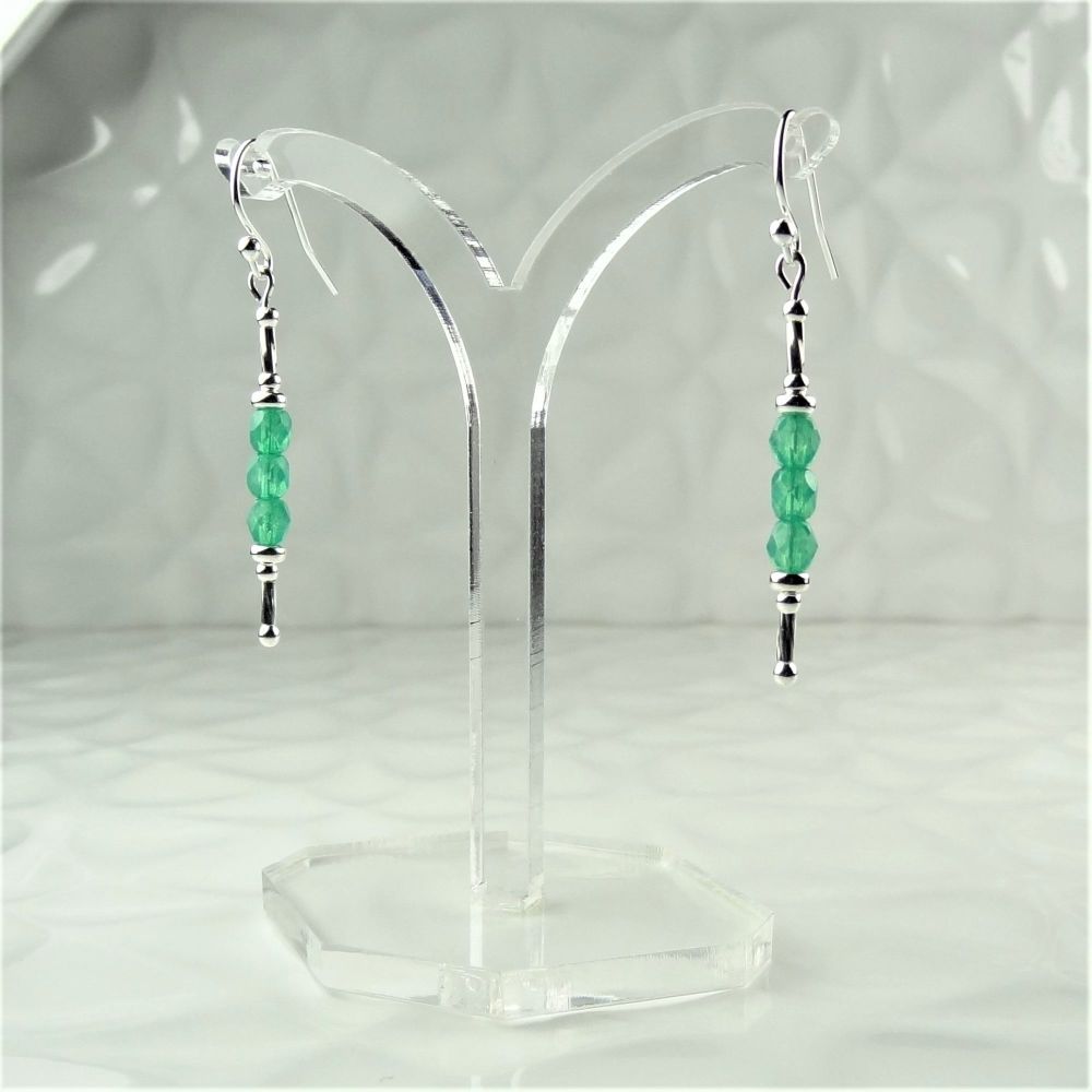 Cloudy Emerald Green 4mm fire polished Czech glass & sterling silver, double twist, drop earrings in a gift box