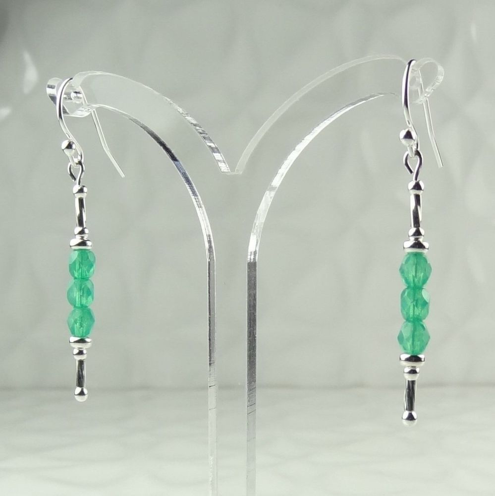 Cloudy Emerald Green 4mm fire polished Czech glass & sterling silver, double twist, drop earrings in a gift box