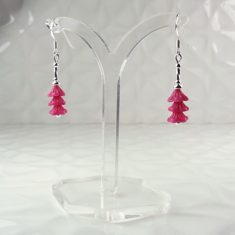 Pastel mulberry pink Czech glass bell flowers & sterling silver drop earrings in a gift box