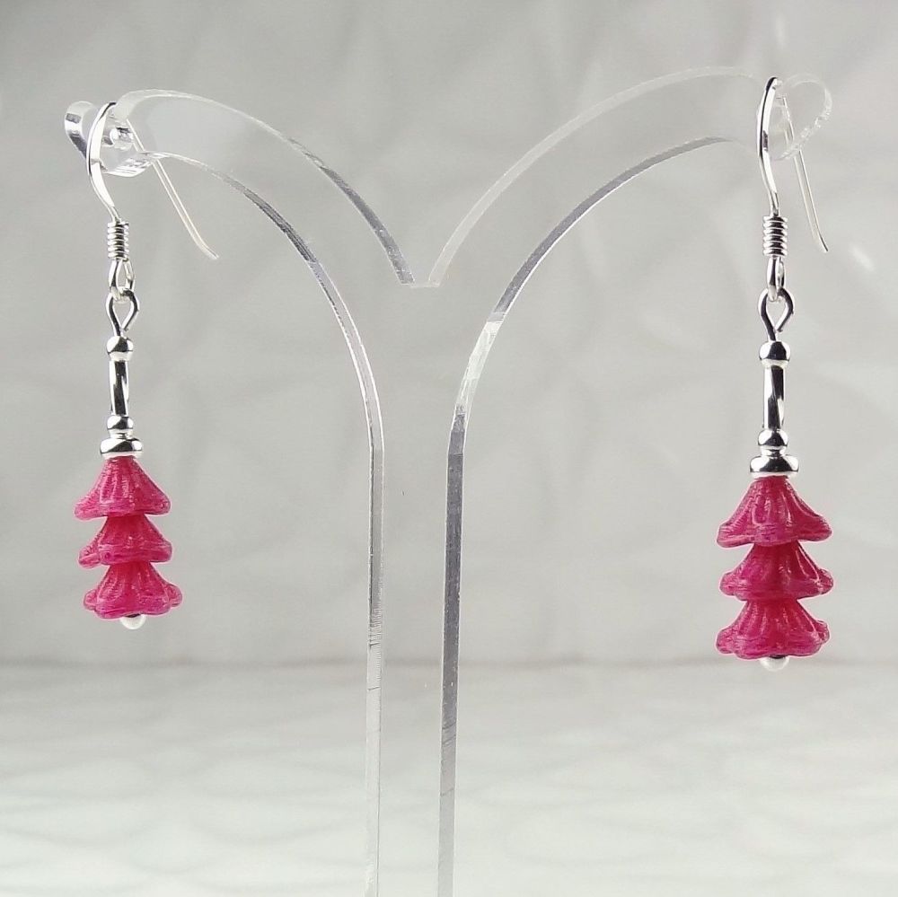 Pastel mulberry pink Czech glass bell flowers & sterling silver drop earrings in a gift box