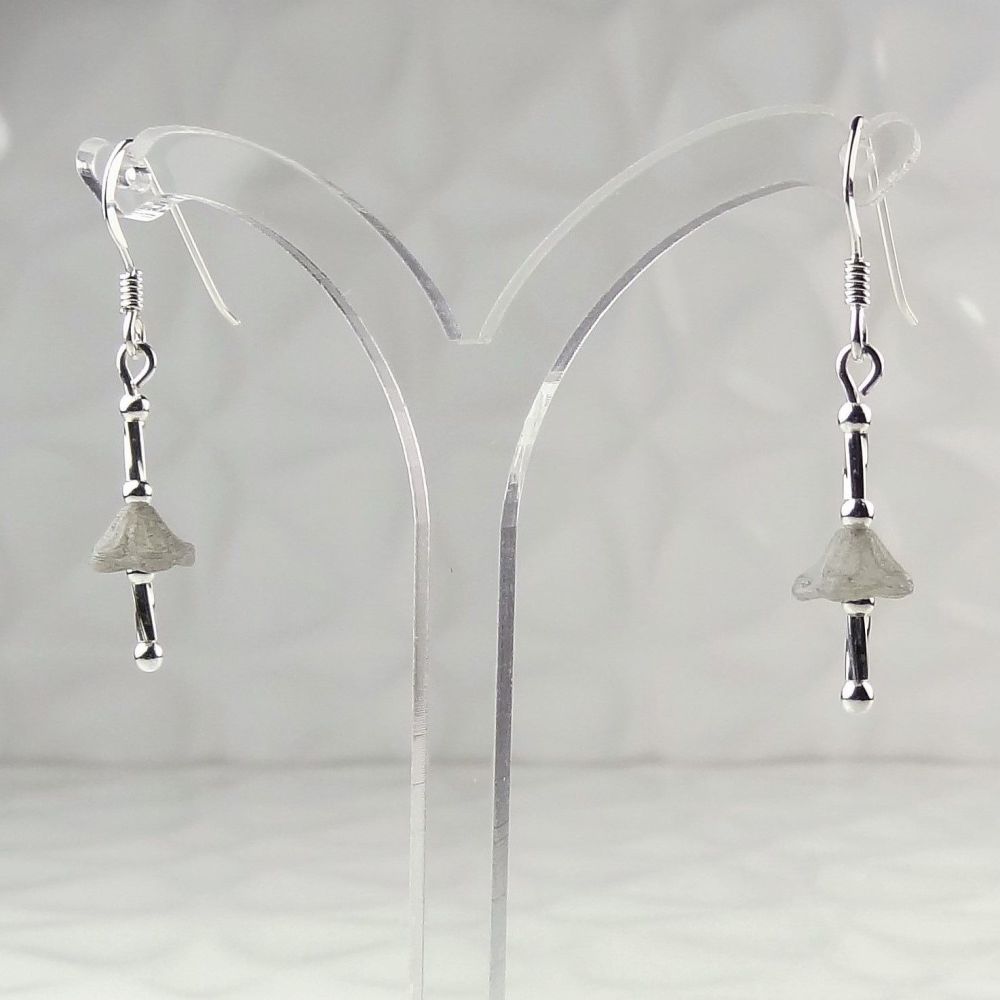 Pastel grey Czech glass bell flowers & sterling silver drop/dangle earrings in a gift box