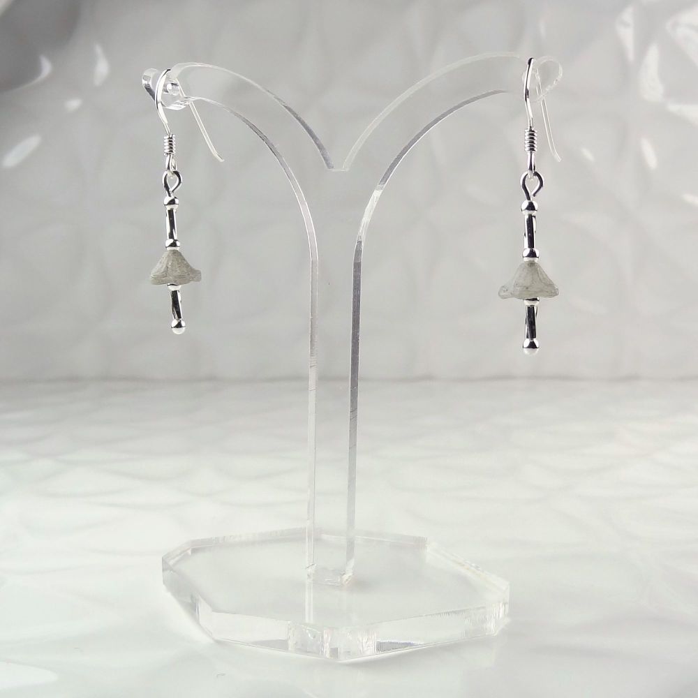 Pastel grey Czech glass bell flowers & sterling silver drop/dangle earrings in a gift box