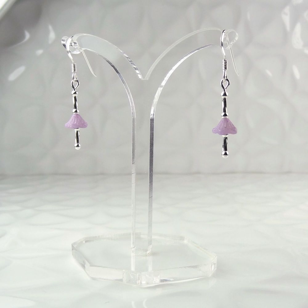 Pastel lavender violet purple Czech glass bell flowers & sterling silver drop/dangle earrings in a gift box