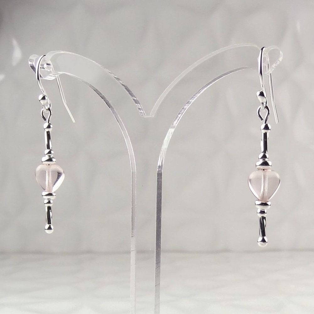 Light pink 6mm glass hearts & sterling silver, twist, drop earrings