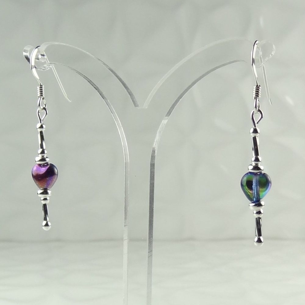 Pink & blue glass hearts & sterling silver, double twist, drop earrings