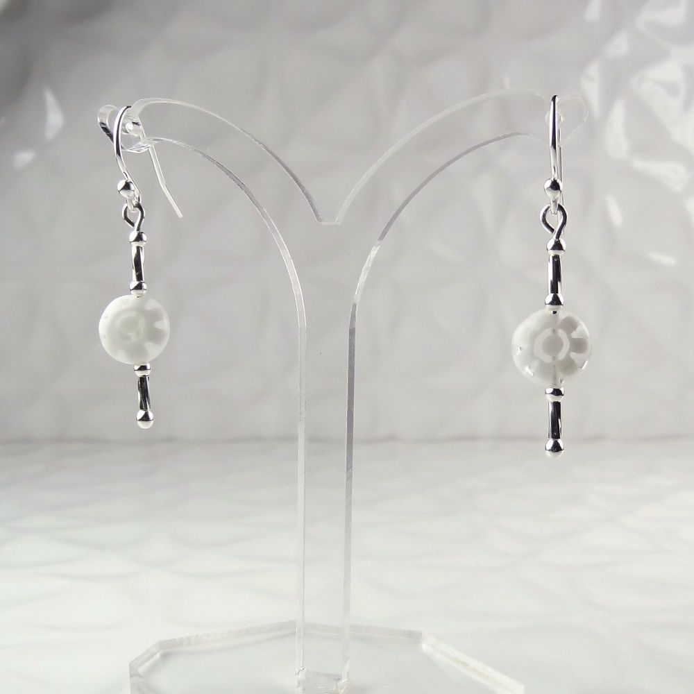 Millefiori-style glass coin & sterling silver drop earrings, in a gift box - glass bead 8mm (+/-) - white flowers (W#7)