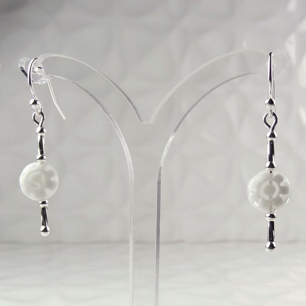 White Millefiori-style glass coin & sterling silver drop earrings