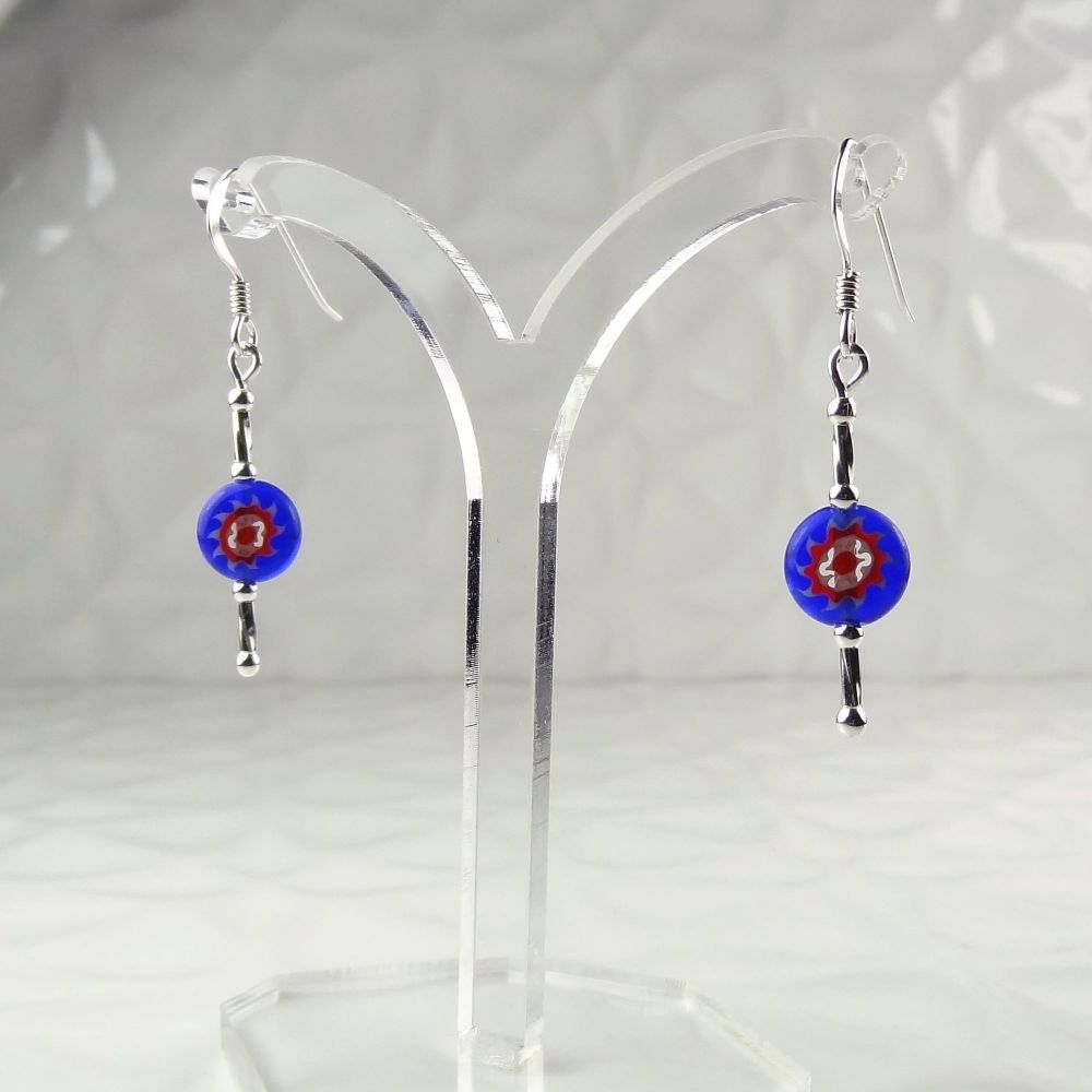 Millefiori-style glass coin & sterling silver drop earrings, in a gift box - glass bead 8mm (+/-) - blue & red flowers (BR#5)