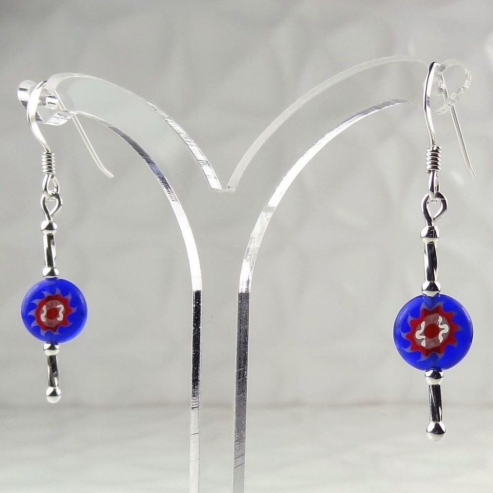 Millefiori-style glass coin & sterling silver drop earrings, in a gift box - glass bead 8mm (+/-) - blue & red flowers (BR#5)