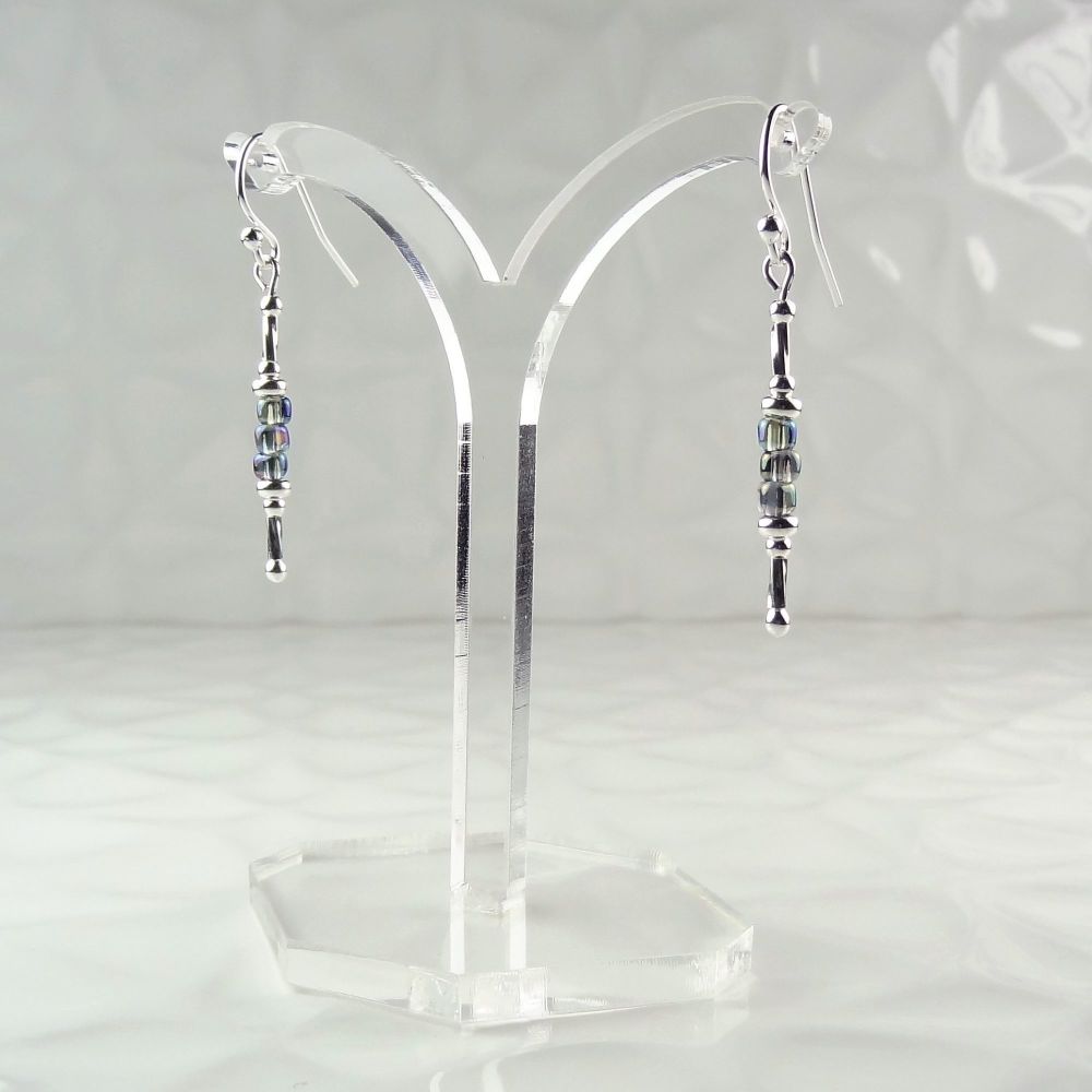 Sterling silver and Miyuki glass bead earrings, which will arrive nicely presented in a gift box - 8/0 Triangles - iridescent grey AB