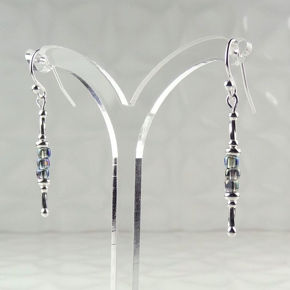 Sterling silver & Miyuki glass bead drop earrings, iridescent grey AB