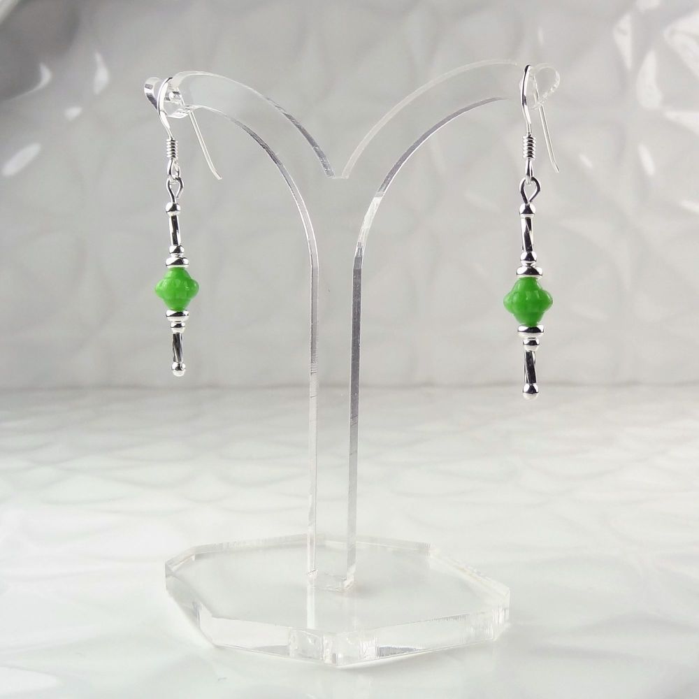 Sterling silver & 6mm green Czech glass flower drop/dangle earrings, in a gift box