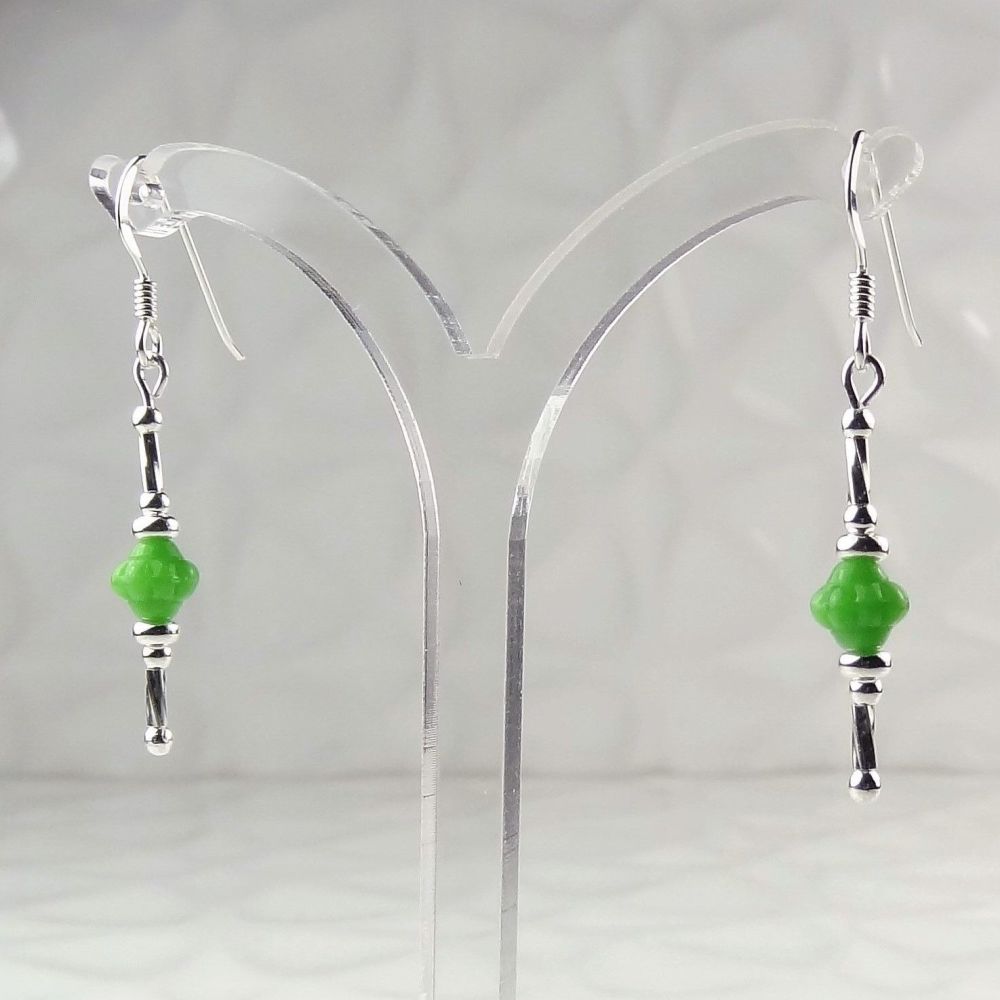 Sterling silver & 6mm green Czech glass flower drop earrings