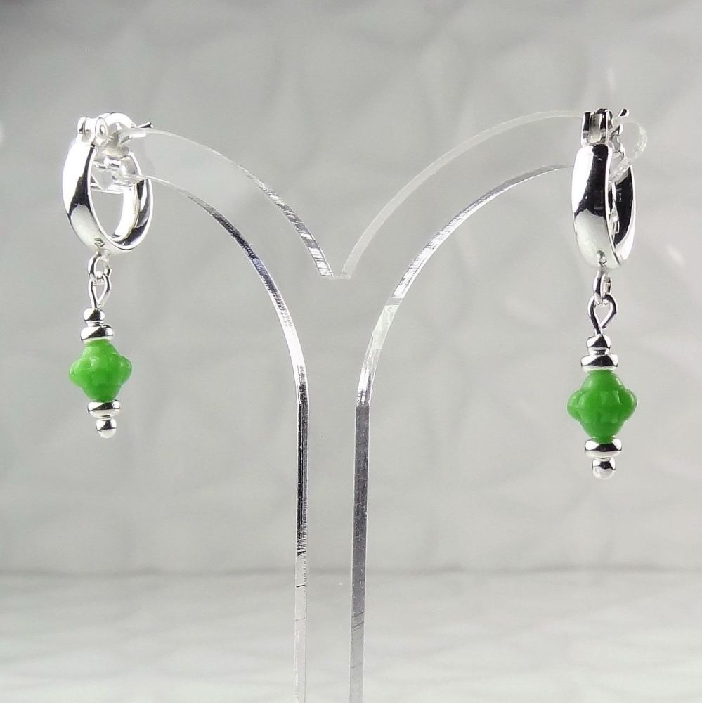 6mm green Czech glass flowers hanging from sterling silver 12mm huggie-hoop earrings, in a gift box