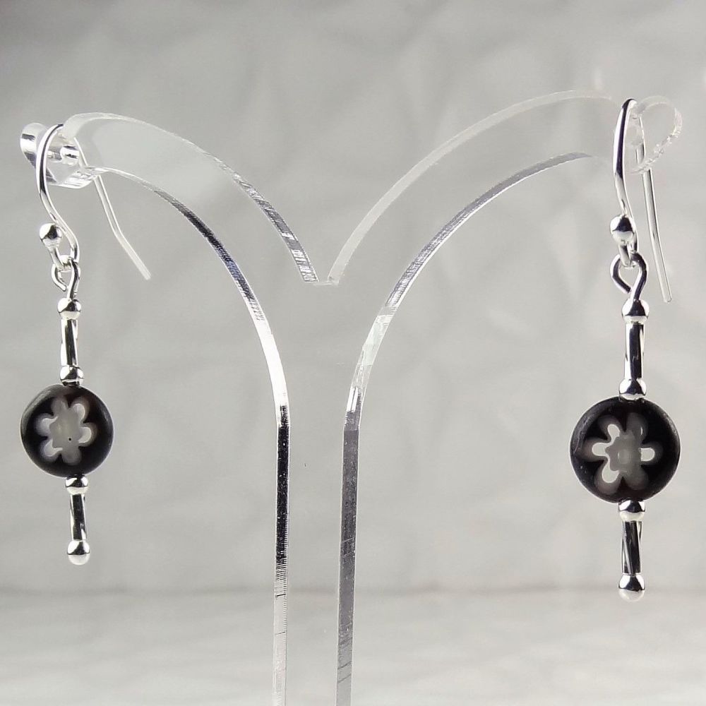 Millefiori-style glass coin & sterling silver drop earrings, in a gift box - glass bead 8mm (+/-) - black with white flowers (BW#6)