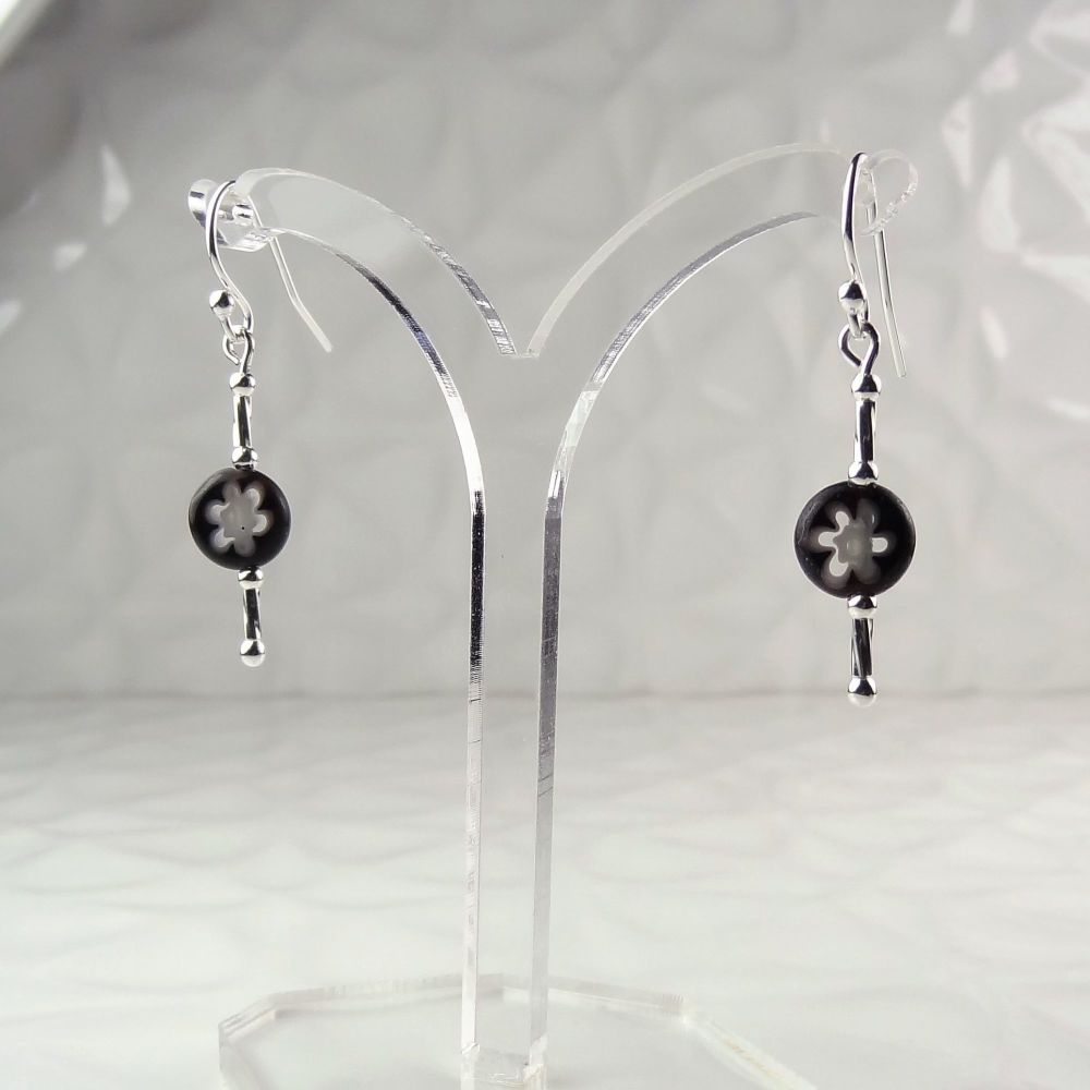 Millefiori-style glass coin & sterling silver drop earrings, in a gift box - glass bead 8mm (+/-) - black with white flowers (BW#6)